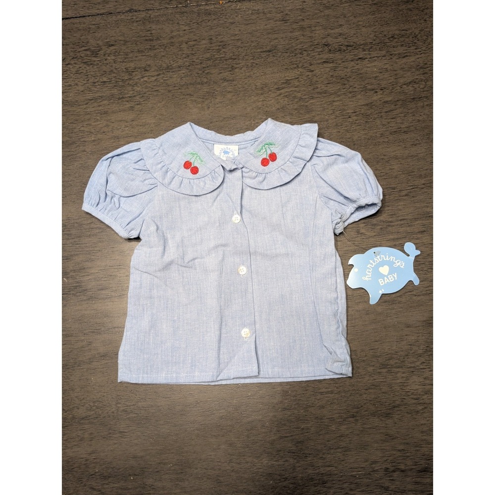 HARTSTRINGS Vintage Baby Girl Blue Blouse Cherry Embroidered Peter Pan Collar 12